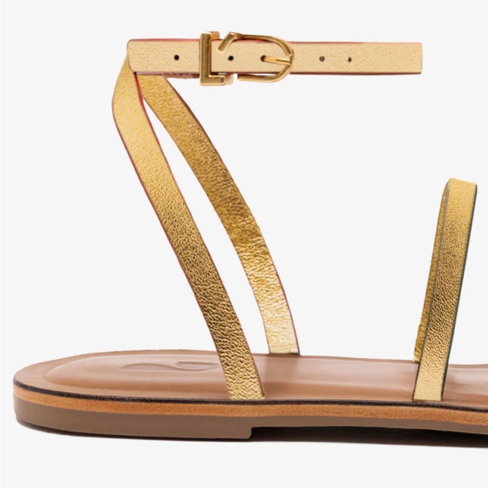 BNIB Larroudé Biarritz Flat Sandal in Gold Metallic Leather - Picture 2 of 6